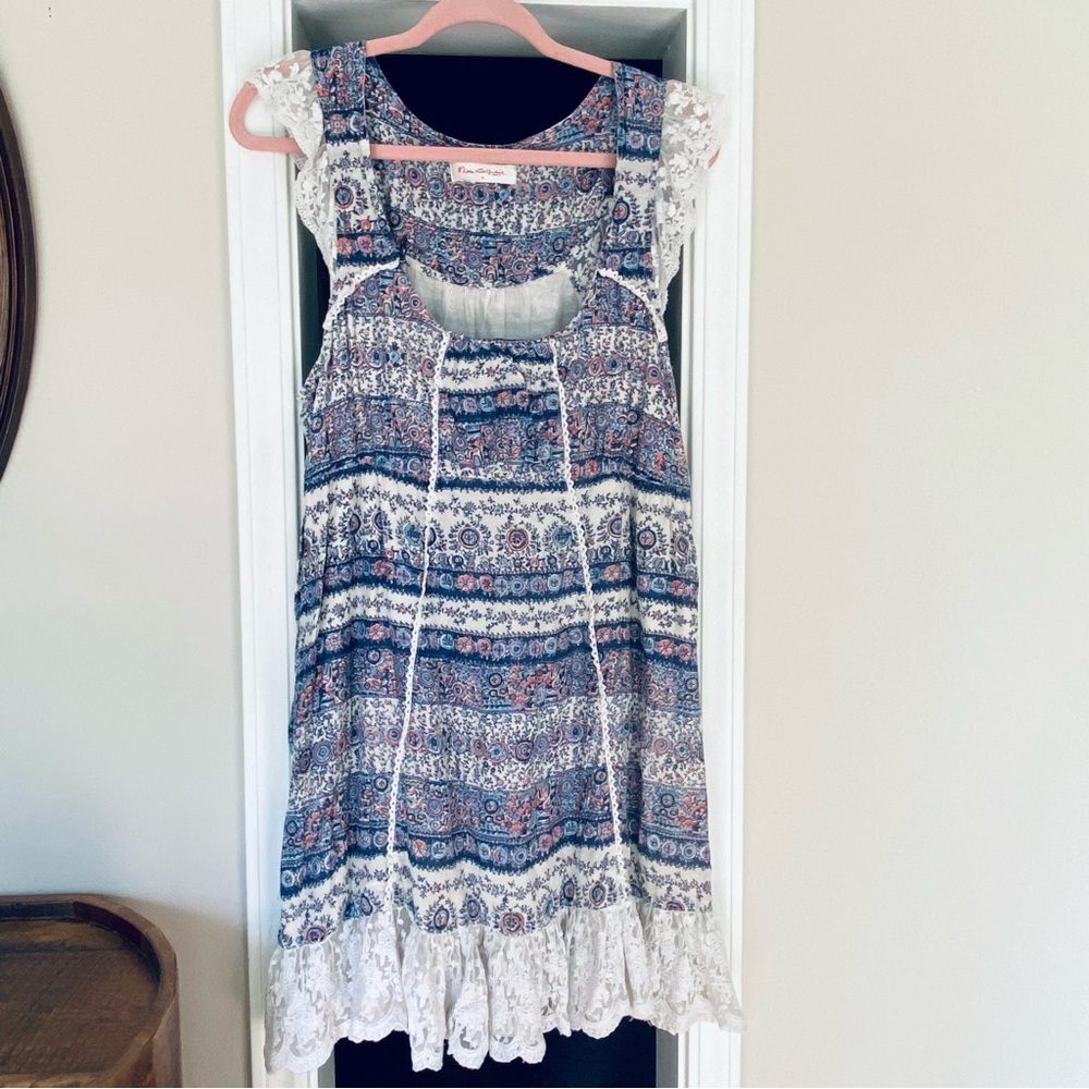 Miss Selfridge Bohemian-Style Mini Dress Multi Blue Pink White lace ruffle hem.